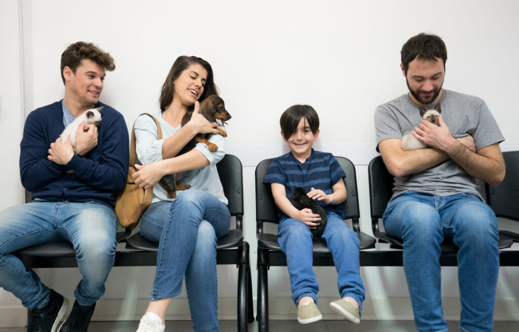 Customers at a veterinarian practice sitting at the waiting room each holding their pets looking very happy and smiling